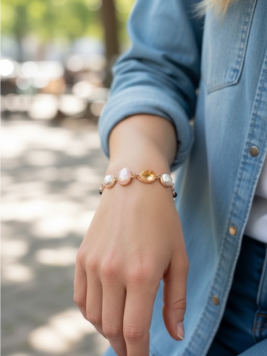 Jewelry - 3/5 Elegant Gold-Tone Freshwater Pearl & Gemstone Bracelet - Pink and White